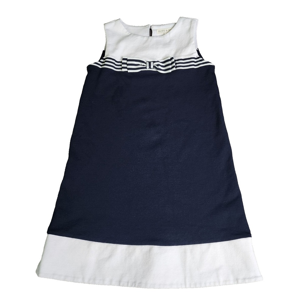 Girls Hope & Henry Navy Blue White Striped Bow Nautical Sailor Dress Size 7‎